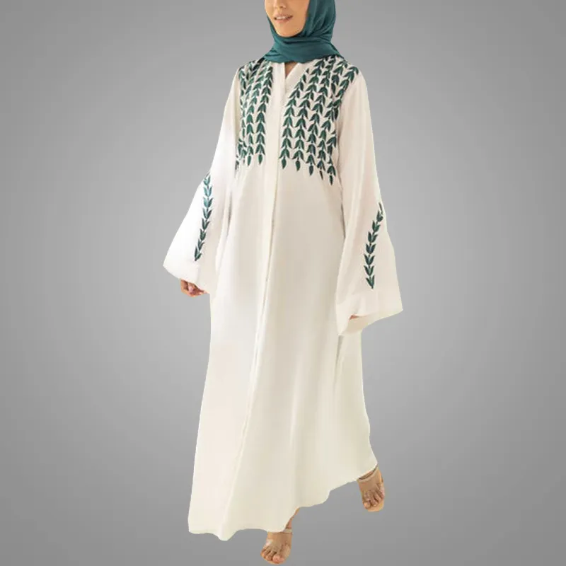 Fashionable Muslim Women Abaya Long Sleeve Maxi Dresses Islamic Clothing Dubai With Flower Modest Open White Dress