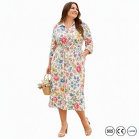 Robe chemise midi grande taille 180 GSM en viscose à imprimé floral avec col et ceinture, idéale pour les fêtes en jardin, fabrication britannique (OEM) 1X-5X
