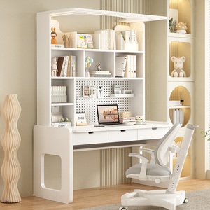 Scrivania Moderna Singola per Computer con Libreria Integrata, <span class=keywords><strong>Scrittoio</strong></span> <span class=keywords><strong>a</strong></span> Parete in Legno Massello per Ragazze, Tavolo per Studio e Camera da Letto - Product Image 5