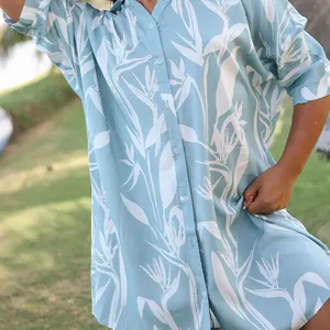 Sıcak satış popüler kaynak fabrika yaz Hawaiian plaj elbiseleri Rayon kadınlar için