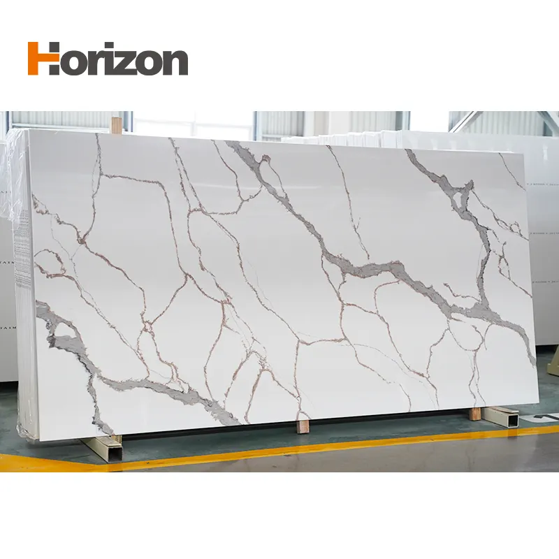 Horizon pierre de verre artificielle calacatta artificielle blanc gris veine dalle de pierre de quartz comptoir de cuisine