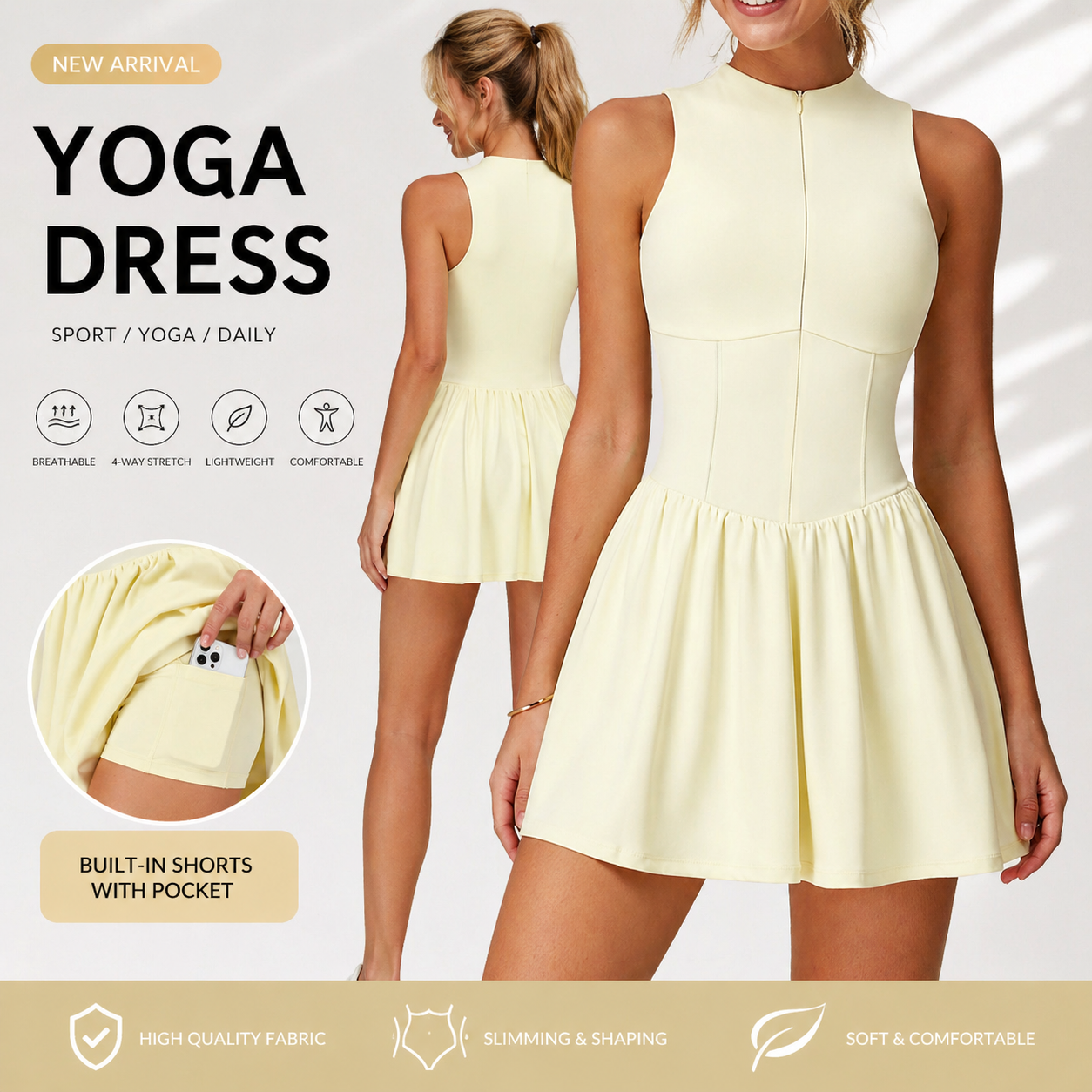 Women Yoga Dress with Built-in Shorts Sleeveless Tennis Dress Workout Activewear One Piece Fitness Dress