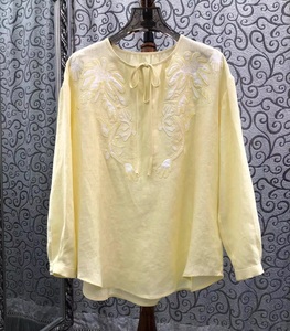 100%Linen <strong>Tops</strong> 2026 Spring Summer Designer Fashion <strong>Women</strong> Beading Embroidery Deco Long Sleeve Elegant Loose White <strong>Yellow</strong> Blouses - Product Image 3