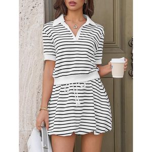 Womens Striped 2 Piece Outfit Set Short Sleeve Crop <b>Top</b> <b>Bubble</b> Skort Casual Summer Wear Breathable Matching Set - Product Image 4