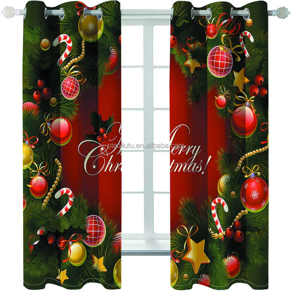 Merry Christmas Window Curtains 3D Custom Printed Xmas Tree Home Decor Blackout Polyester Fabric Curtain for Livingroom Luxury