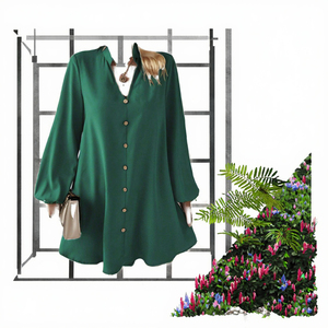 Vestido Midi Holgado de Manga Larga con Cuello en V Verde, con Botones al Frente, Estilo Casual, Tejido Sólido, Estilo Primavera - Product Image 3