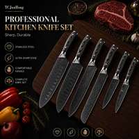 Ensemble de 6 couteaux de cuisine en acier inoxydable, motif Damas au laser, couteau de chef avec manche en bois