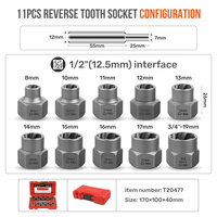 Jeu de douilles industriel/DIY 11 pièces 8-19 mm en CR-MO, extracteur de vis et boulons 1/2" OEM ODM à utilisation facile pour l'extraction de vis endommagées
