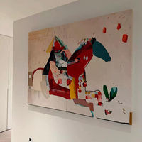Peinture à l'huile Pop Art, figurine colorée peinte à la main, cheval monté, grande toile murale, style crème du milieu du siècle, pour salon
