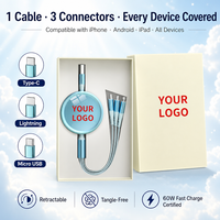 Câble de charge rétractable 3-en-1 moderne, coffret cadeau, emballage disque avec logo personnalisé imprimé UV, garantie 2 ans, OEM/ODM acceptés