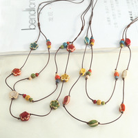 Collier en céramique vintage, long, coloré, à double rangée de perles en porcelaine empilées, chaîne de pull, pendentif bohème vintage, bijoux