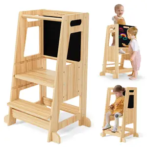 Taburete para niños pequeños Tower Kitchen Buddy Kids Step Ladder Taburete de madera Ayudante de seguridad, 3 altura ajustable y pizarra de doble cara