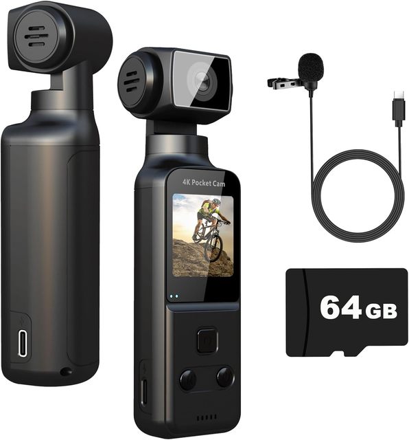 4K Body Camera with External Microphone, Mini Video & Audio Pocket Cam Rotation Camera