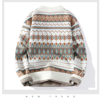 Sweater Pria Vintage Model Longgar Kerah Bulat Trendy Jepang Warna Kontras Anti Pilling Streetwear Rajutan