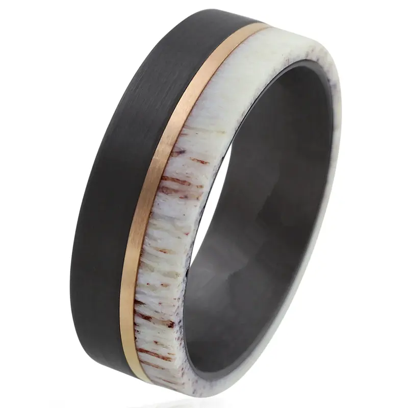 Hot selling men luxury jewelry inlay antler deer tungsten carbide ring rose gold plated Wood Deer Antler Inlay Mens Wedding Band