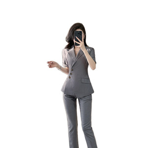 Women's Short Sleeve Blazer Suit Set Polyester Worsted Breathable Professional Workwear Pants Suits Summer 2025 - Product Image 5