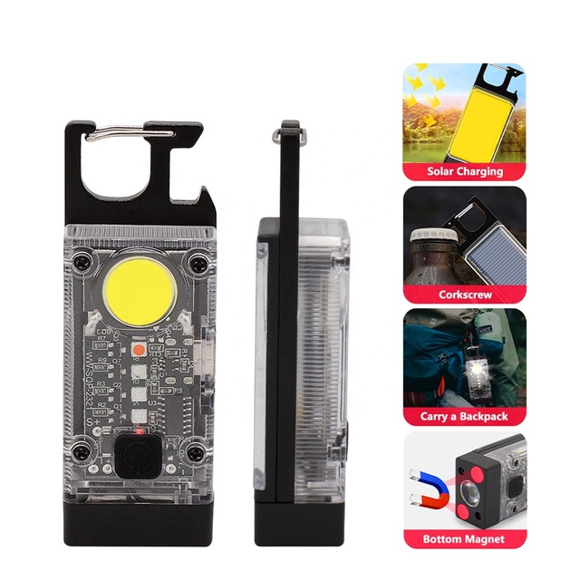 AT Mini Portable Keychain Flashlight Solar Panel Type-c Rechargeable LED 9 Modes COB Work Light Keychain With Magnet Light