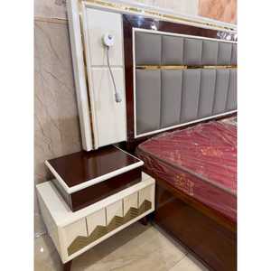 Lit double en teck de qualité supérieure avec tête de lit rembourrée, mobilier de chambre moderne brun foncé et blanc - Product Image 2