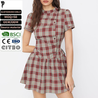 Robe Courte Décontractée pour Femme à Imprimé Écossais, Manches Courtes, Col Montant, Nœud Papillon au Dos, Jupe Évasée à la Taille