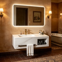 Ensemble de meubles de salle de bain modernes de haute qualité, imperméables, avec miroir LED mural, évier en céramique, armoire en marbre et armoire en ardoise, pour hôtel