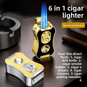 Briquet à cigares multifonction tout-en-un avec coupe-cigare en V intégré, coupe-cigare plat, support, puissant briquet à quatre torches, flamme jet, outil pour fumeurs - Product Image 3