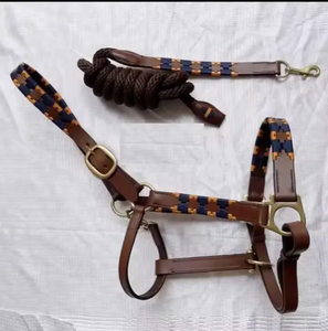 Leather Adjustable <b>Horse</b> Halter Set Braided English Style with <b>Lead</b> <b>Rope</b> and Brass Hardware - Product Image 1