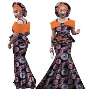 Tenues africaines avec foulard pour femmes grandes tailles, ensemble Dashiki <span class=keywords><strong>Bazin</strong></span> imprimé, hauts à bretelles et jupes longues, en coton wax africain coupe ajustée 3113 - Product Image 3