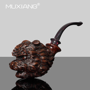 MUXIANG Hand Carved Lion Head Tobacco Pipe Bent Type Dark Colored Smoking Pipe For Men - Product Image 1