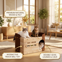 Condo pour chat rectangulaire moderne haut de gamme en carton, avec griffoir, jouet interactif à bille et circuit, et lit pour animal de compagnie en feutre écologique