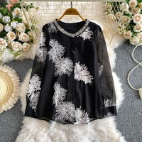 Nouvelle Blouse Française Élégante et Décontractée pour Femme 2026 en Chiffon Brodé Ivoire avec Col en Strass et Manches Longues, Haut à Paillettes – Vente en Gros