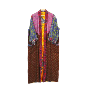 ชุดคลุมยาวสไตล์วินเทจผ้าไหมแบบเย็บต่อกันชุดกิโมโนผ้าไหมชุดคลุมอาบน้ำยาวเต็มตัวผูกเชือกคอวี80กรัมสำหรับใส่ในฤดูร้อน - Product Image 1