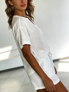 Completo Estivo Personalizzato 2026 in Lino e Cotone Bianco per Donna, <span class=keywords><strong>Set</strong></span> Due Pezzi con Scollo a V, Maniche Corte, Coulisse e Vita Elastica, OEM - Product Image 5