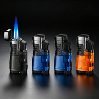Briquet torche multifonctionnel coupe-vent à triple flamme pour cigares avec réservoir de carburant transparent, réglage de la flamme et support de cigare avec perforateur