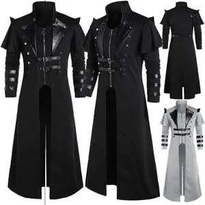 S-5XL Halloween Medieval Steampunk Elves Pirate Costume Adult Men Black Vintage Long Split Jacket Gothic Armor Leather Coats