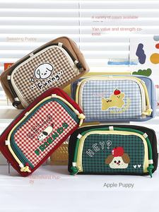 2025 nouveau Portable Ins Style crayon sac grande capacité papeterie boîte rétro Plaid fenêtre unisexe mignon dessin animé chiot conception sac - Product Image 6