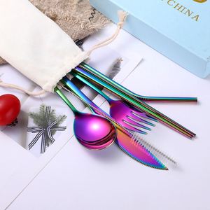 Light Luxury Stainless Steel Silverware Flatware 5pcs Portable Spoon Forktravel Gold Cutlery Dinnerware Set With Storage Bag - Product Image 6