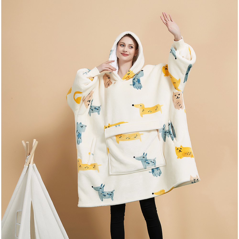 Good Nite Draagbare deken, oversized hoodiedeken voor dames en heren, sherpa-knuffeldekens voor volwassenen, pluizige warme capuchon met zakken, grijs, Grijs, Sherpa-90x130 cm