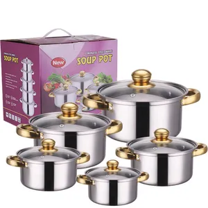 Factory direct stainless steel kitchen cookware five-piece glass lid cooking pot multi-purpose gold handle