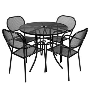 Tables rondes et chaises en métal avec trou pour parasol, extérieur, bistrot, café, jardin, cour, patio, fer - Product Image 1