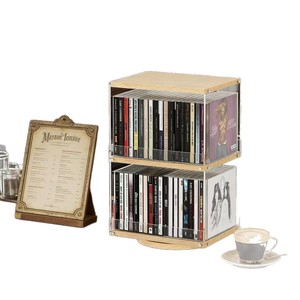 Estante de almacenamiento de CD de doble capa de madera, organizador de escritorio giratorio acrílico para almacenamiento de CD, DVD, álbumes y discos. - Product Image 2