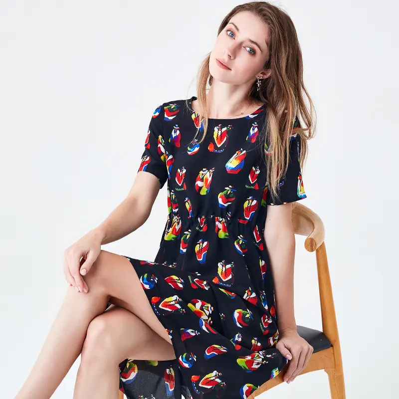 Fashion Fitted Casual Summer Print Short Sleeve Cheap Price Silk Dress