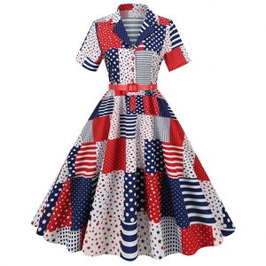 Robe longue décontractée taille haute style Hepburn, élégante, pour femme, imprimé drapeau américain, costumes rétro d'Halloween, 100% coton, en promotion - Product Image 3
