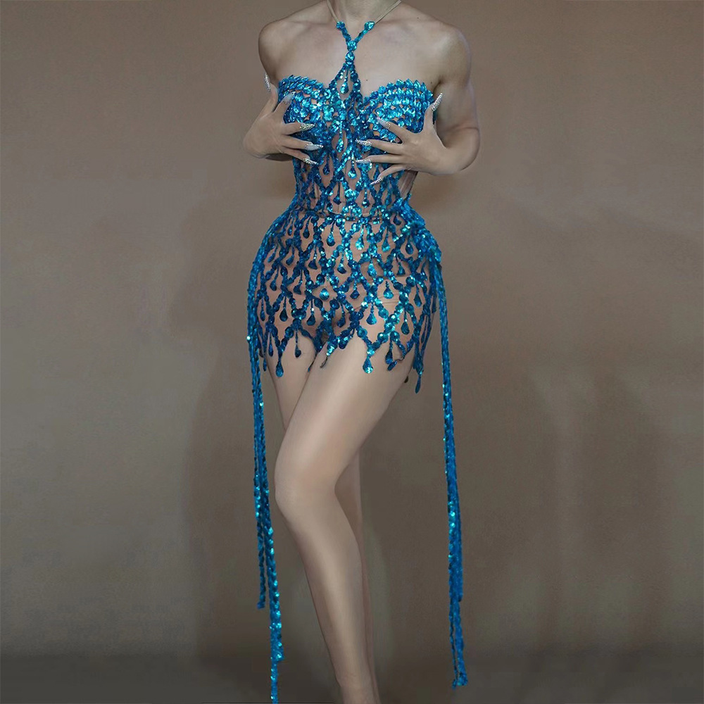 Blue Crystals A-Line Evening Dress | Sexy Luxury Gold Rhinestone Club Wear  for Women - Customized Sizes Available
