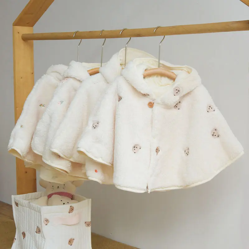 Autumn New Baby Clothes Fur Lining Newborn Cloak Cute Embroidery Infant Coat Waft Warm Toddler Outwear