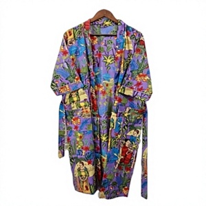 Robe longue en velours violet à imprimé floral pour femme, kimono ceinturé, peignoir à manches longues, col châle, tenue d'été - Product Image 1