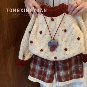 Girls Sweater Thickened Warm Knitted Base Layer Winter Clothing Checkered Solid Color Cotton Material For Children - Product Image 3