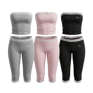 2026 Custom logo OEM Women <strong>Sexy</strong> 2 Piece <strong>Set</strong> Lace Trim Bow Tube Top and Capri Leggings Balletcore Lounge Wear Pajamas <strong>Set</strong> - Product Image 1