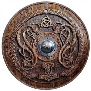 Armadura Vikinga Redonda Plateada con Grabado de Valknut y Martillo de Thor, Artesanía Metálica Rúnica - Product Image 1