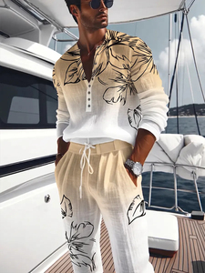 Conjunto de 2 Piezas para Hombre, Estampado de Hojas de Palma Tropical, <span class=keywords><strong>Camisa</strong></span> Henley de Manga Larga <span class=keywords><strong>y</strong></span> Pantalones <span class=keywords><strong>Beige</strong></span> con Cordón, Conjunto Casual para la Playa - Product Image 2