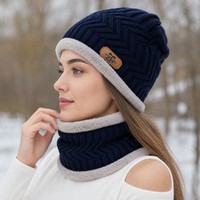 Ensemble bonnet et cache-cou unisexe en tricot torsadé, doublure polaire marine, confortable pour l'hiver, lot de 2 pièces, vente en gros